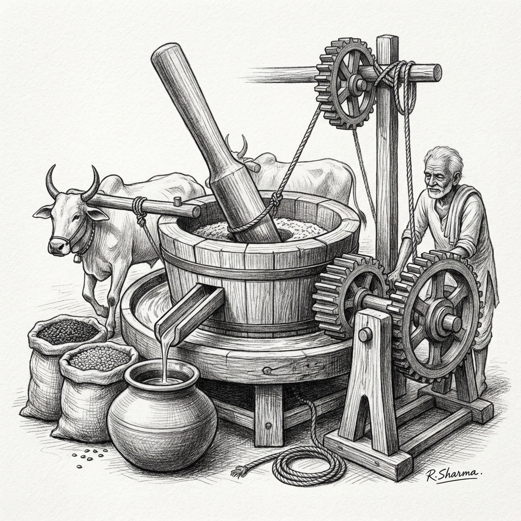 Traditional Cold Pressed Oil Mill - Pencil Drawing